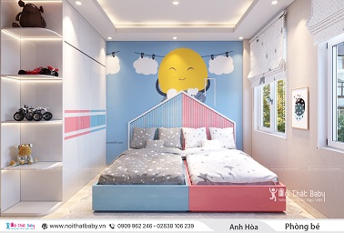 Phòng ngủ cho hai bé tông màu xanh hồng - BBG162
